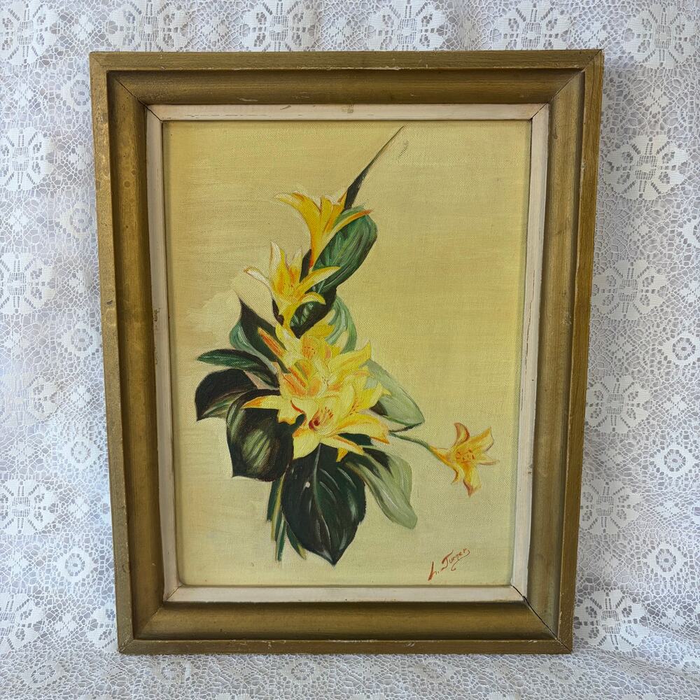 Vintage Signed Floral Oil Painting on Canvas in Gold Wood Frame